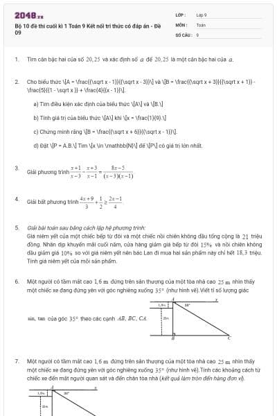 Bộ 10 đề thi cuối kì 1 Toán 9 Kết nối tri thức có đáp án - Đề 09