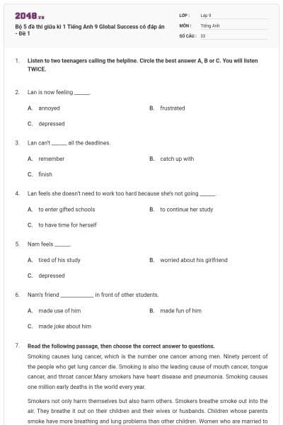 Bộ 5 đề thi giữa kì 1 Tiếng Anh 9 Global Success có đáp án - Đề 1