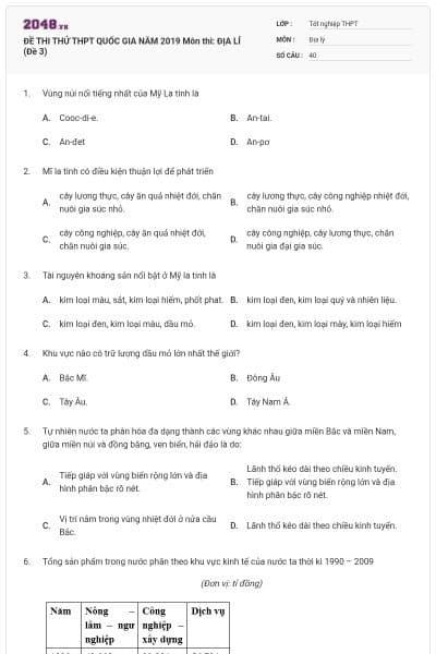 ĐỀ THI THỬ THPT QUỐC GIA NĂM 2019 Môn thi: ĐỊA LÍ (Đề 3)