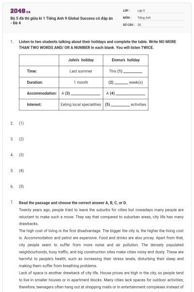 Bộ 5 đề thi giữa kì 1 Tiếng Anh 9 Global Success có đáp án - Đề 4