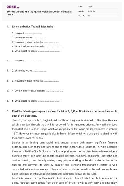 Bộ 5 đề thi giữa kì 1 Tiếng Anh 9 Global Success có đáp án - Đề 5