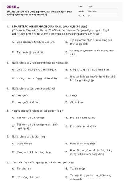 Bộ 2 đề thi Cuối kì 1 Công nghệ 9 Chân trời sáng tạo - Định hướng nghề nghiệp có đáp án (Đề 1)