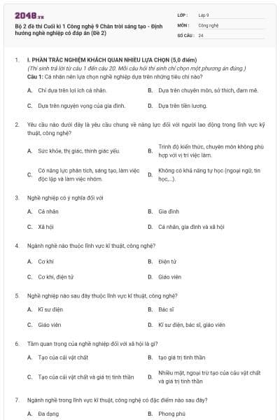 Bộ 2 đề thi Cuối kì 1 Công nghệ 9 Chân trời sáng tạo - Định hướng nghề nghiệp có đáp án (Đề 2)