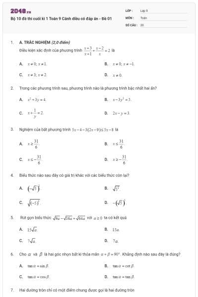 Bộ 10 đề thi cuối kì 1 Toán 9 Cánh diều có đáp án - Đề 01