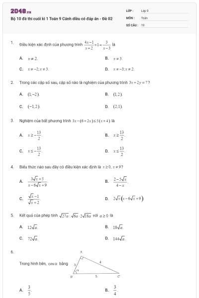 Bộ 10 đề thi cuối kì 1 Toán 9 Cánh diều có đáp án - Đề 02