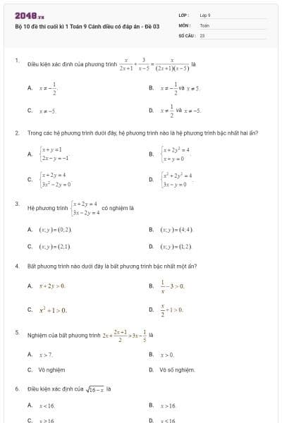 Bộ 10 đề thi cuối kì 1 Toán 9 Cánh diều có đáp án - Đề 03