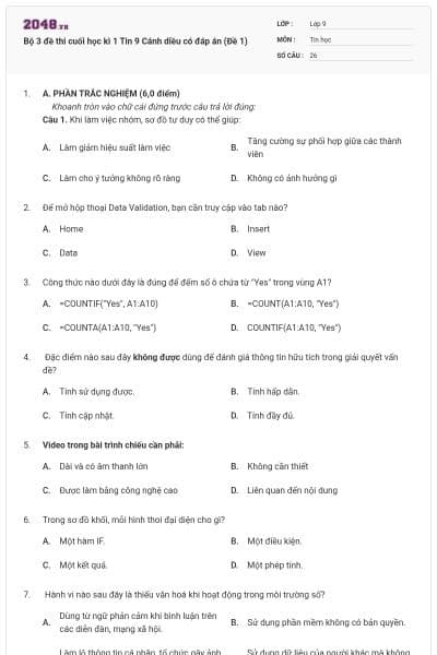 Bộ 3 đề thi cuối học kì 1 Tin 9 Cánh diều có đáp án (Đề 1)