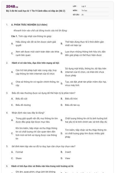 Bộ 3 đề thi cuối học kì 1 Tin 9 Cánh diều có đáp án (Đề 2)