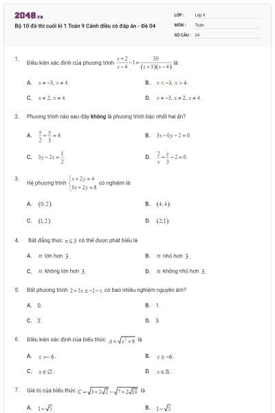 Bộ 10 đề thi cuối kì 1 Toán 9 Cánh diều có đáp án - Đề 04