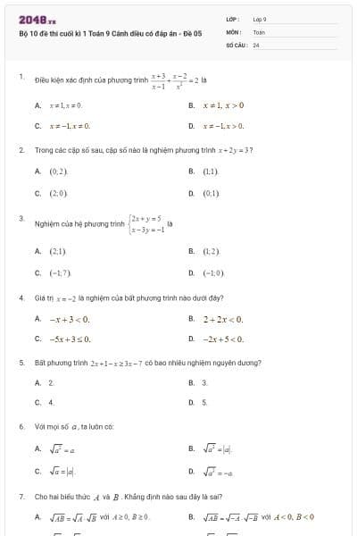 Bộ 10 đề thi cuối kì 1 Toán 9 Cánh diều có đáp án - Đề 05