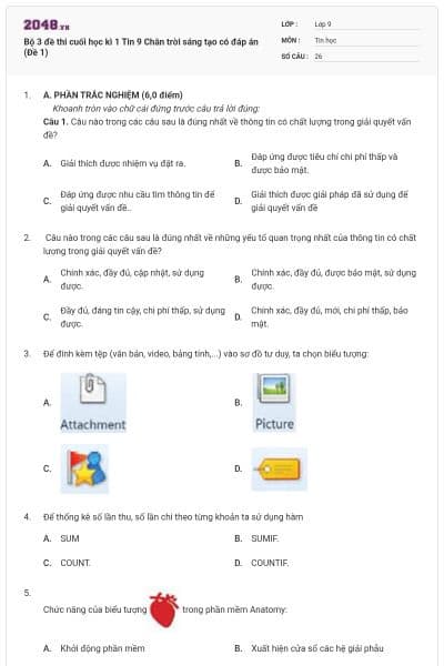 Bộ 3 đề thi cuối học kì 1 Tin 9 Chân trời sáng tạo có đáp án (Đề 1)