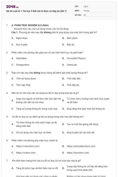 Đề thi cuối kì 1 Tin học 9 Kết nối tri thức có đáp án (Đề 1)