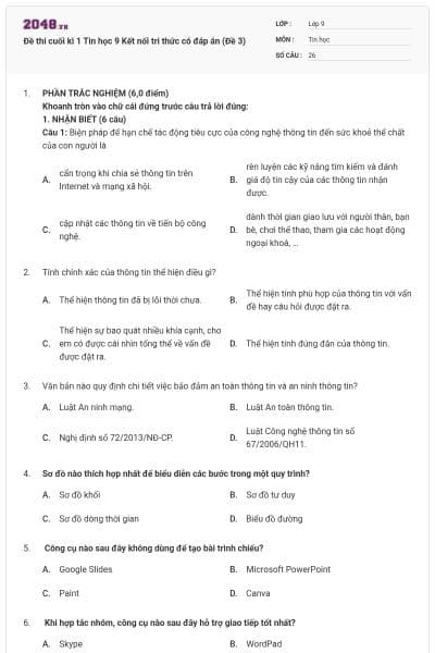 Đề thi cuối kì 1 Tin học 9 Kết nối tri thức có đáp án (Đề 3)