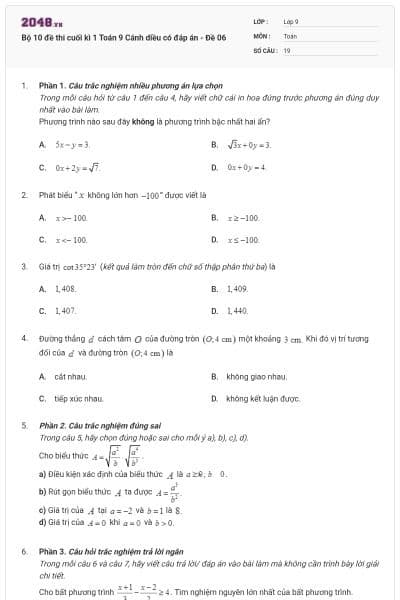 Bộ 10 đề thi cuối kì 1 Toán 9 Cánh diều có đáp án - Đề 06
