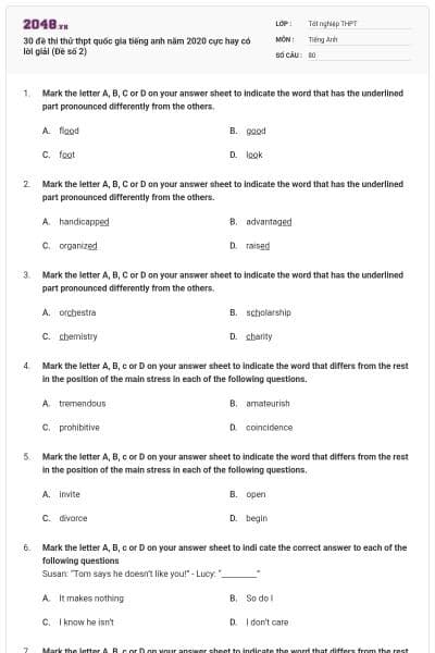 30 đề thi thử thpt quốc gia tiếng anh năm 2020 cực hay có lời giải (Đề số 2)