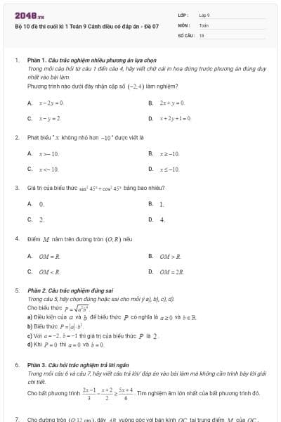 Bộ 10 đề thi cuối kì 1 Toán 9 Cánh diều có đáp án - Đề 07