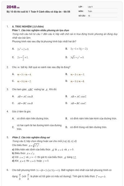 Bộ 10 đề thi cuối kì 1 Toán 9 Cánh diều có đáp án - Đề 08
