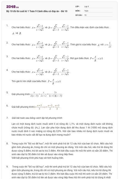 Bộ 10 đề thi cuối kì 1 Toán 9 Cánh diều có đáp án - Đề 10