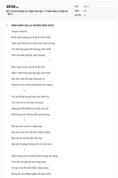 Bộ 10 đề thi giữa kì 2 Ngữ Văn lớp 11 Cánh diều có đáp án - Đề 4