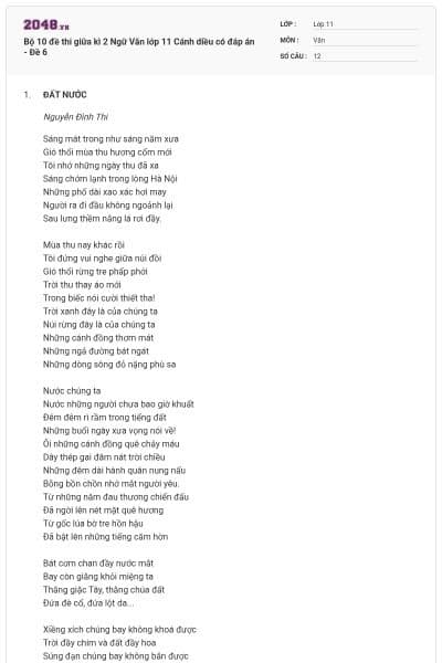 Bộ 10 đề thi giữa kì 2 Ngữ Văn lớp 11 Cánh diều có đáp án - Đề 6