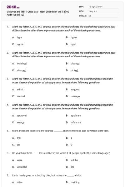Đề luyện thi THPT Quốc Gia - Năm 2020 Môn thi: TIẾNG ANH (Đề số 12)