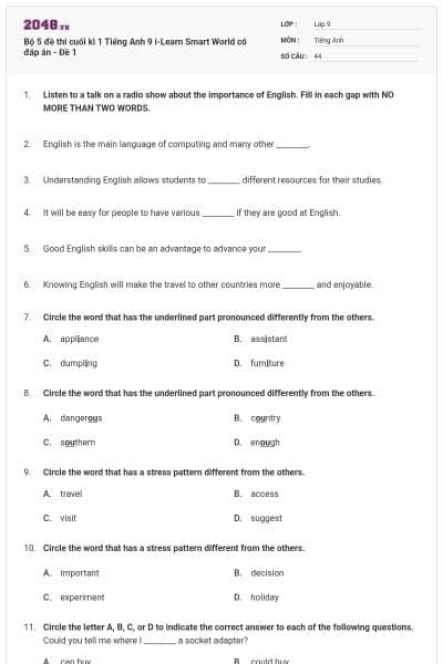 Bộ 5 đề thi cuối kì 1 Tiếng Anh 9  i-Learn Smart World có đáp án - Đề 1