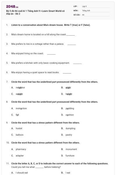 Bộ 5 đề thi cuối kì 1 Tiếng Anh 9  i-Learn Smart World có đáp án - Đề 2