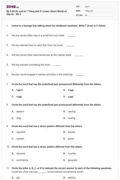 Bộ 5 đề thi cuối kì 1 Tiếng Anh 9  i-Learn Smart World có đáp án - Đề 3