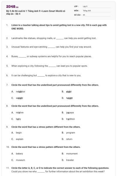 Bộ 5 đề thi cuối kì 1 Tiếng Anh 9  i-Learn Smart World có đáp án - Đề 4