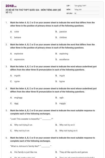 25 BỘ ĐỀ THI THỬ THPT QUỐC GIA - MÔN TIẾNG ANH (ĐỀ SỐ 11)