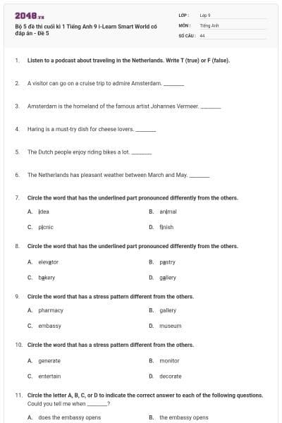 Bộ 5 đề thi cuối kì 1 Tiếng Anh 9 i-Learn Smart World có đáp án - Đề 5