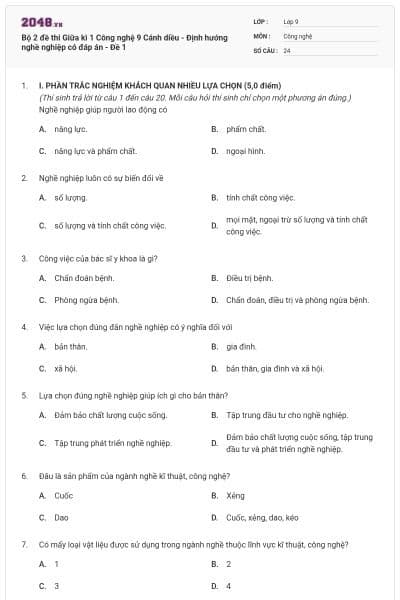 Bộ 2 đề thi Giữa kì 1 Công nghệ 9 Cánh diều - Định hướng nghề nghiệp có đáp án - Đề 1