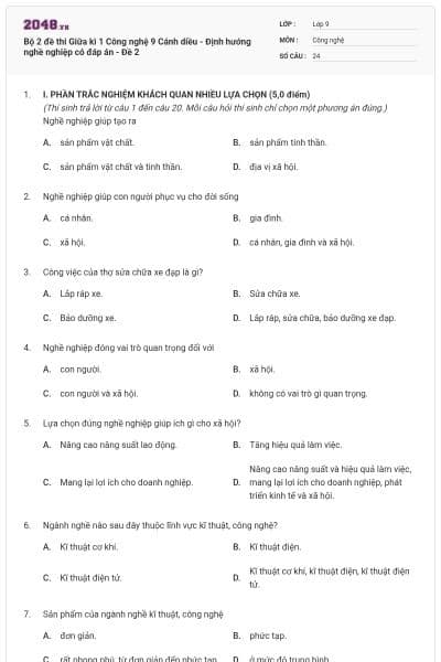 Bộ 2 đề thi Giữa kì 1 Công nghệ 9 Cánh diều - Định hướng nghề nghiệp có đáp án - Đề 2