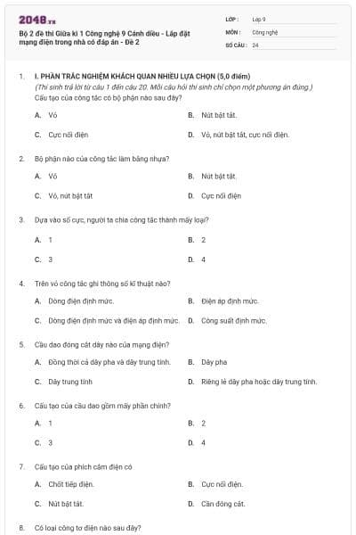 Bộ 2 đề thi Giữa kì 1 Công nghệ 9 Cánh diều - Lắp đặt mạng điện trong nhà có đáp án - Đề 2