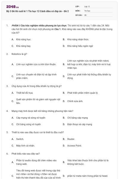 Bộ 3 Đề thi cuối kì 1 Tin học 12 Cánh diều có đáp án - Đề 2