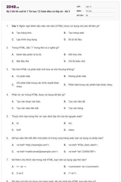 Bộ 3 Đề thi cuối kì 1 Tin học 12 Cánh diều có đáp án - Đề 3