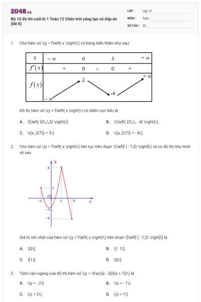 Bộ 10 đề thi cuối kì 1 Toán 12 Chân trời sáng tạo có đáp án (Đề 8)