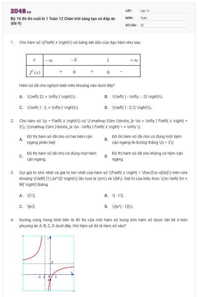 Bộ 10 đề thi cuối kì 1 Toán 12 Chân trời sáng tạo có đáp án (Đề 9)