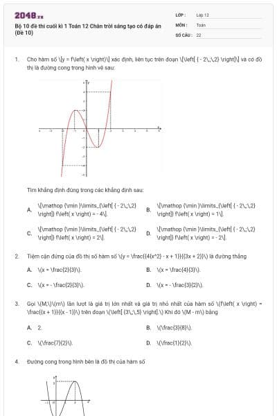 Bộ 10 đề thi cuối kì 1 Toán 12 Chân trời sáng tạo có đáp án (Đề 10)