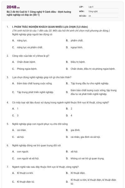 Bộ 2 đề thi Cuối kì 1 Công nghệ 9 Cánh diều - Định hướng nghề nghiệp có đáp án (Đề 1)