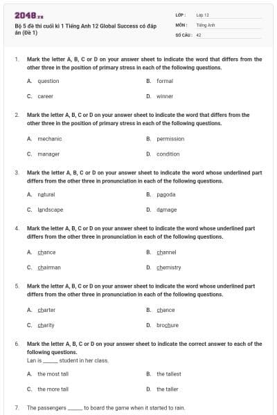 Bộ 5 đề thi cuối kì 1 Tiếng Anh 12 Global Success có đáp án (Đề 1)