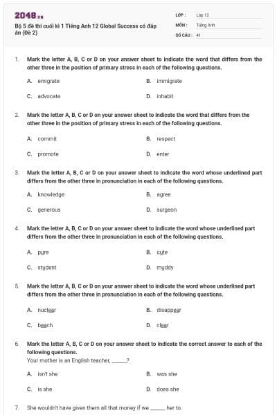 Bộ 5 đề thi cuối kì 1 Tiếng Anh 12 Global Success có đáp án (Đề 2)