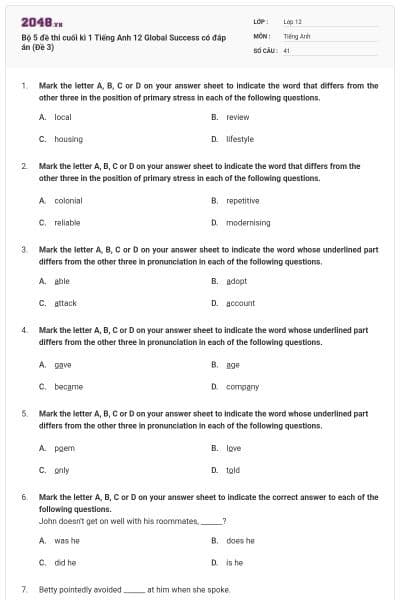Bộ 5 đề thi cuối kì 1 Tiếng Anh 12 Global Success có đáp án (Đề 3)