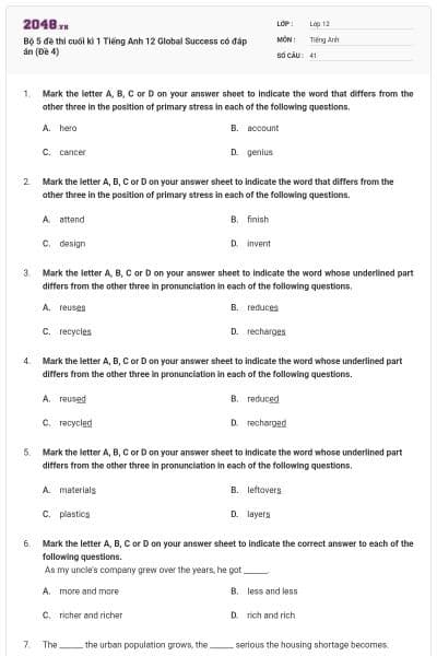 Bộ 5 đề thi cuối kì 1 Tiếng Anh 12 Global Success có đáp án (Đề 4)