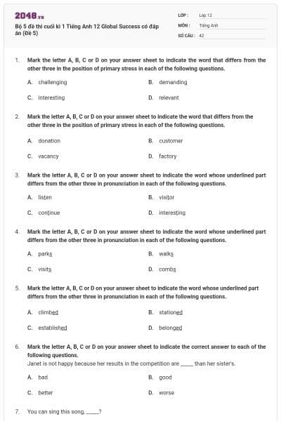 Bộ 5 đề thi cuối kì 1 Tiếng Anh 12 Global Success có đáp án (Đề 5)