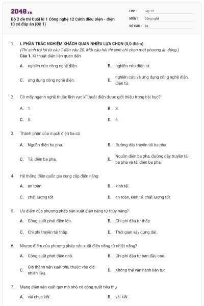 Bộ 2 đề thi Cuối kì 1 Công nghệ 12 Cánh diều Điện - điện tử có đáp án (Đề 1)