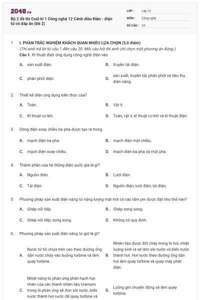 Bộ 2 đề thi Cuối kì 1 Công nghệ 12 Cánh diều Điện - điện tử có đáp án (Đề 2)