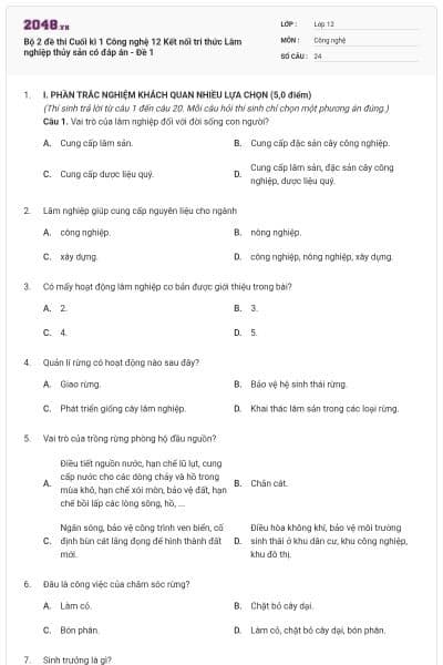 Bộ 2 đề thi Cuối kì 1 Công nghệ 12 Kết nối tri thức Lâm nghiệp thủy sản có đáp án - Đề 1