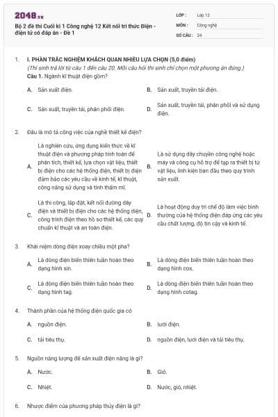 Bộ 2 đề thi Cuối kì 1 Công nghệ 12 Kết nối tri thức Điện - điện tử có đáp án - Đề 1