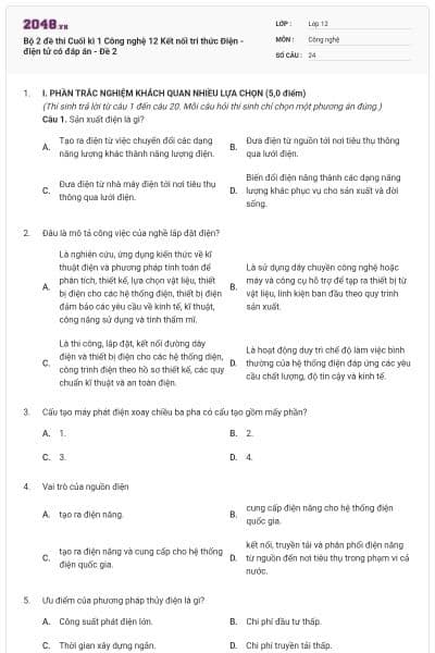Bộ 2 đề thi Cuối kì 1 Công nghệ 12 Kết nối tri thức Điện - điện tử có đáp án - Đề 2